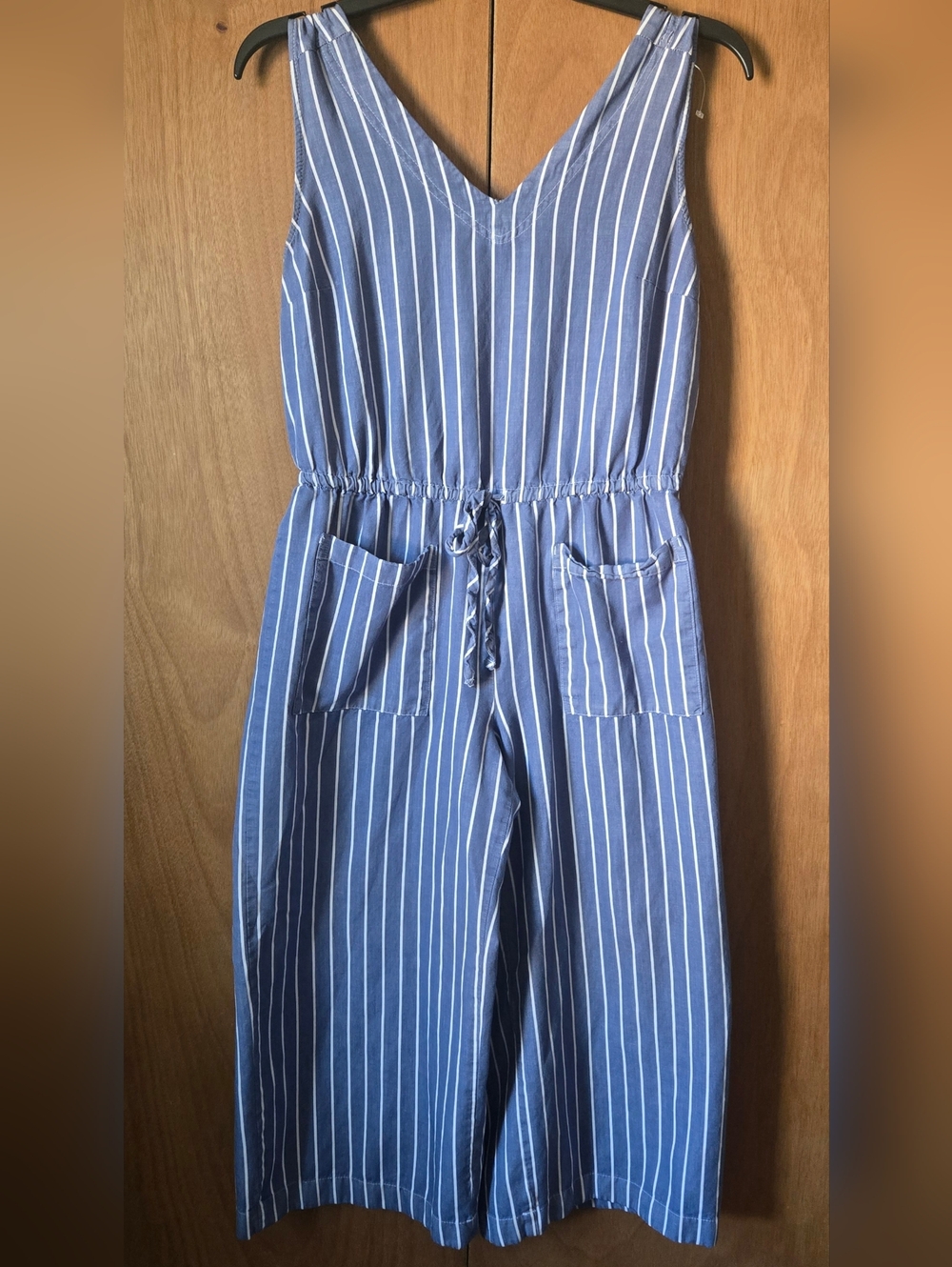 Blue and White Striped Sleeveless Jumpsuit